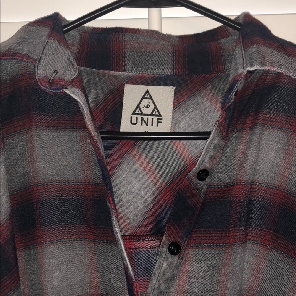 Red white gray and black Unif button up flannel